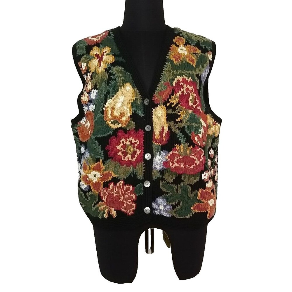 Talbots Sweater Vest Womens S Petite Floral Grannycore Chunky Knit Button    T36